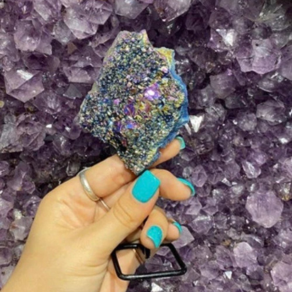 Druzy Aura Quartz on Metal Stand, Boho Decor, Harmony and Balance Stone, Healing